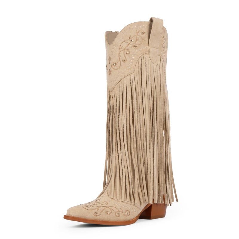 Modatope Women Fringe Cowboy Boots for Women Suede Beige Knee High Boots Embroidered Cowgirl Western Boots Size 11 - Image 1