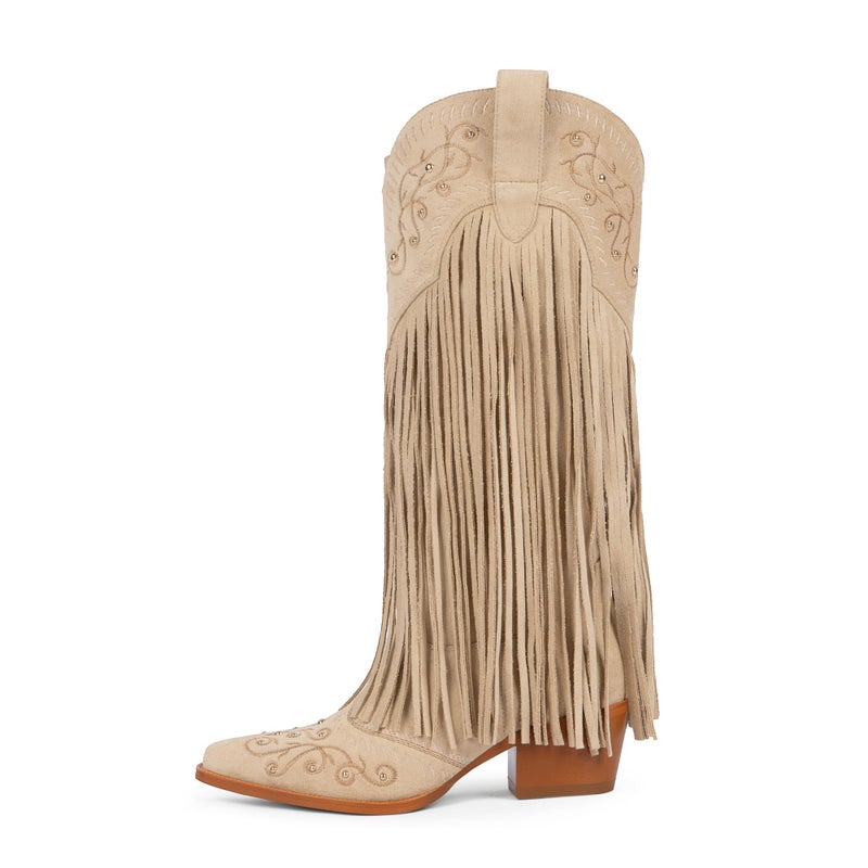 Modatope Women Fringe Cowboy Boots for Women Suede Beige Knee High Boots Embroidered Cowgirl Western Boots Size 11 - Image 4