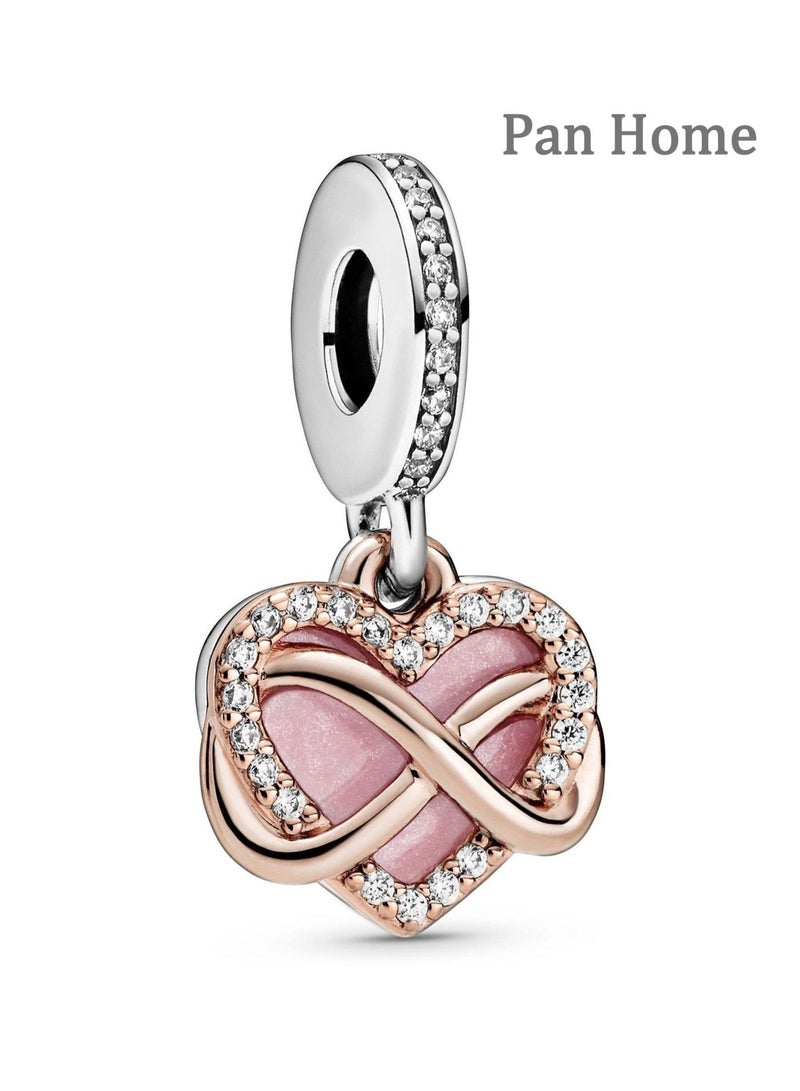 Pan Home Jewelry Sparkling Infinity Heart Dangle Charm - Pink Necklace or Bracelet Charm for Women - Sterling Silver and 14k Rose Gold-Plated with Cubic Zirconia - Image 1