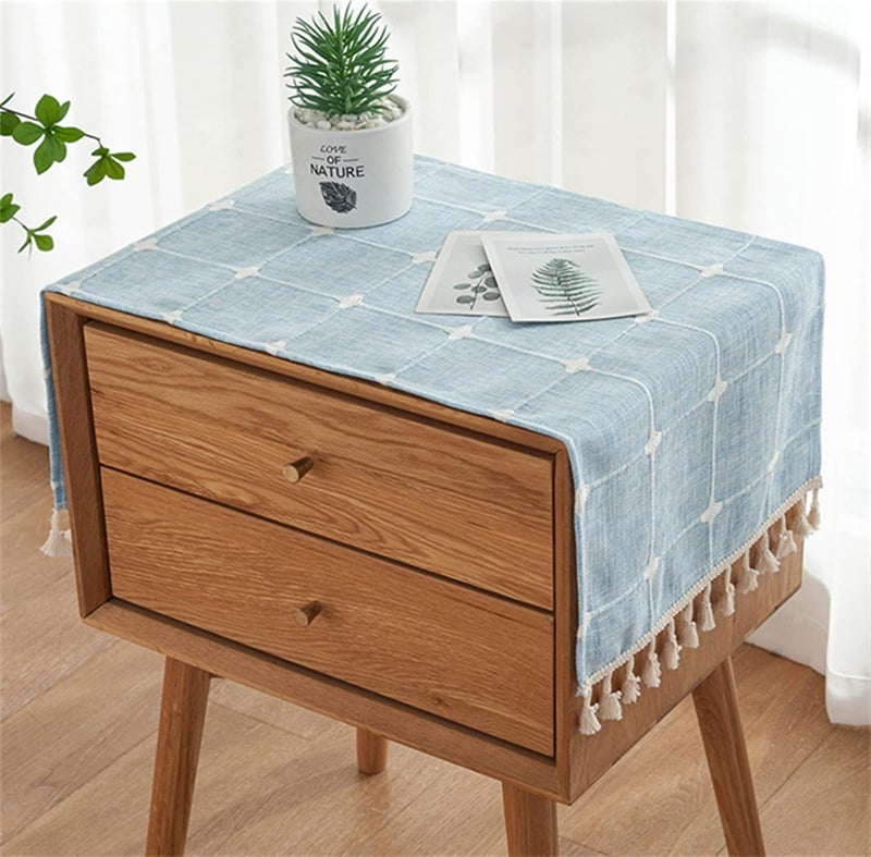 Utobanh Simple Bedside Table Tassel Cover Cloth, Tablecloth Cover Towel, Suitable for Bedside Table TV Microwave Washing Machine Refrigerator Dust Cover (light blue, 15.7 * 35.4 inches) - Image 1