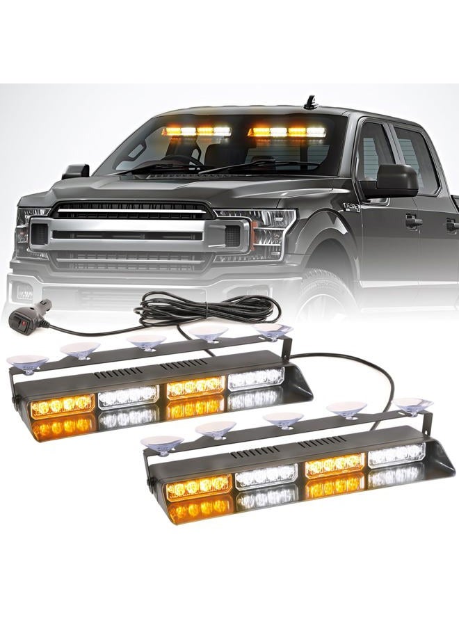 PKINGLAKE 2 in 1 LED Emergency Dash Strobe Light Bar Front/Rear Windshield Safety Flashing Warning Hazard Interior Lights for Police Firefighter Construction Vehicles Trucks (2x14 inch, Amber/White) - Image 1