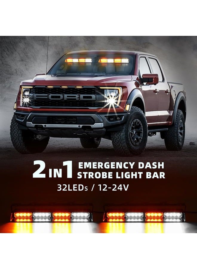 PKINGLAKE 2 in 1 LED Emergency Dash Strobe Light Bar Front/Rear Windshield Safety Flashing Warning Hazard Interior Lights for Police Firefighter Construction Vehicles Trucks (2x14 inch, Amber/White) - Image 2