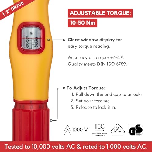 FESA Electrician Insulated Torque Wrench - 1000V Electrician Torque Wrench w/Easy Torque Adjustment & Scale Display - Each Insulated Wrench Has ID for Traceability (1/2" Drive, 10-50 Nm Range) - Image 4