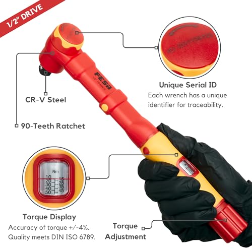 FESA Electrician Insulated Torque Wrench - 1000V Electrician Torque Wrench w/Easy Torque Adjustment & Scale Display - Each Insulated Wrench Has ID for Traceability (1/2" Drive, 10-50 Nm Range) - Image 3