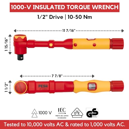FESA Electrician Insulated Torque Wrench - 1000V Electrician Torque Wrench w/Easy Torque Adjustment & Scale Display - Each Insulated Wrench Has ID for Traceability (1/2" Drive, 10-50 Nm Range) - Image 2