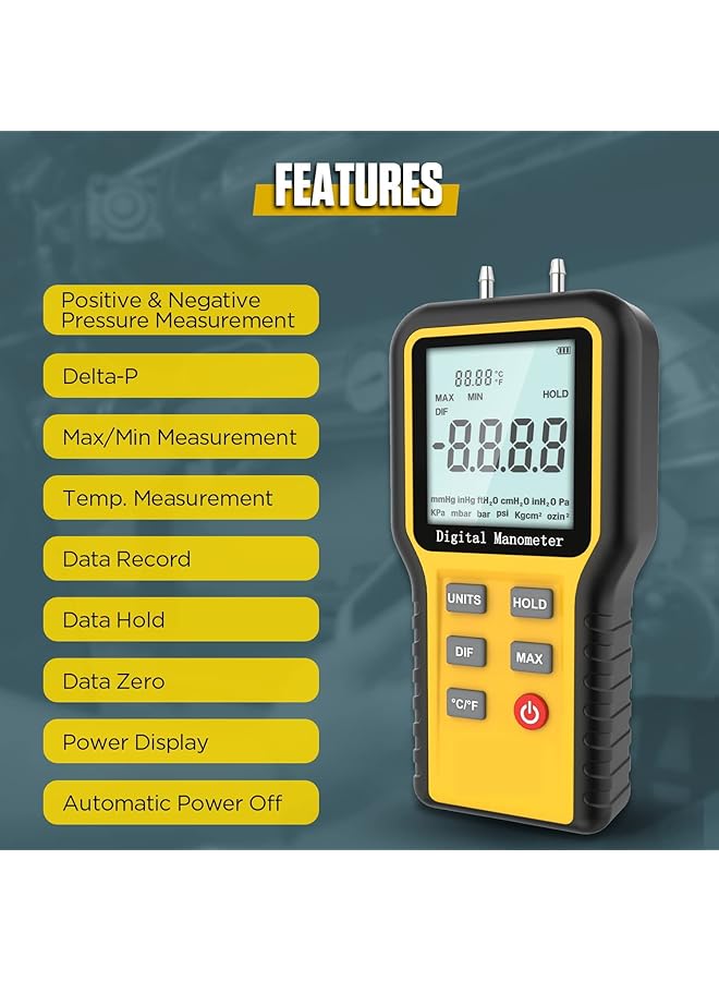 Excefore Manometer, Professional Digital Display Manometer Gas Pressure Tester, Handheld Hvac Dual-Port Manometer, 12 Selectable Units Differential Pressure Gauge, ±20.68Kpa - Image 2