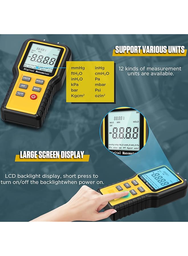 Excefore Manometer, Professional Digital Display Manometer Gas Pressure Tester, Handheld Hvac Dual-Port Manometer, 12 Selectable Units Differential Pressure Gauge, ±20.68Kpa - Image 4