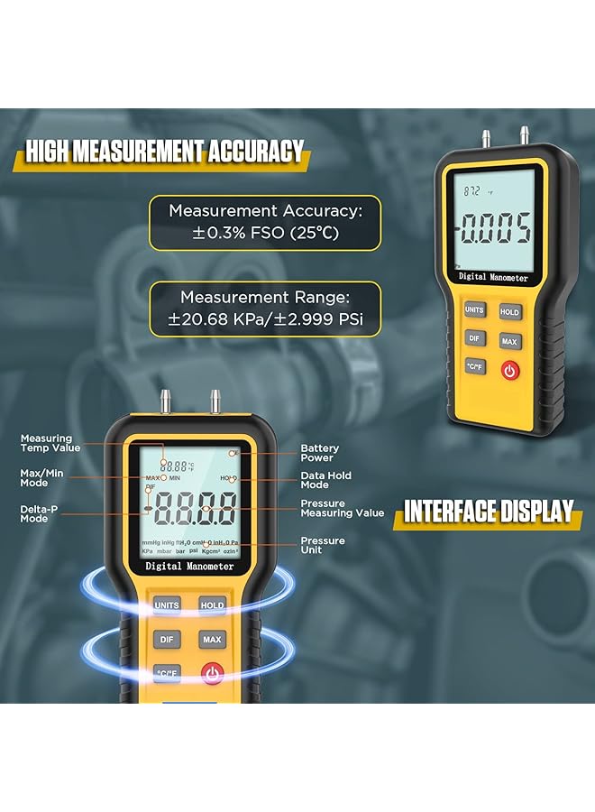 Excefore Manometer, Professional Digital Display Manometer Gas Pressure Tester, Handheld Hvac Dual-Port Manometer, 12 Selectable Units Differential Pressure Gauge, ±20.68Kpa - Image 3