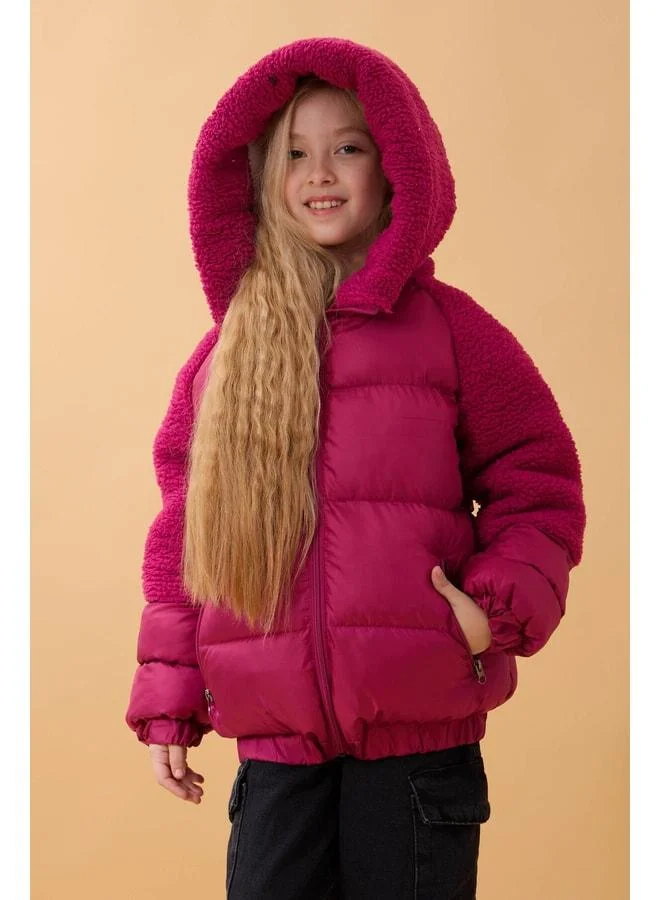 Perendi Girl's Hooded & Plush Sleeve Puffer Jacket – Rose Pink