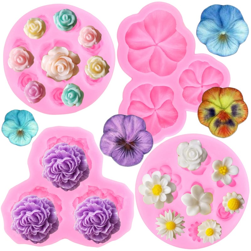 ZiXiang Rose Flower Silicone Mold Peony Flower Fondant Molds Pansy Flower Mold Daisy Flower Chocolate Molds For Cake Decorating Cupcake Topper Candy Polymer Clay Gum Paste Set Of 4