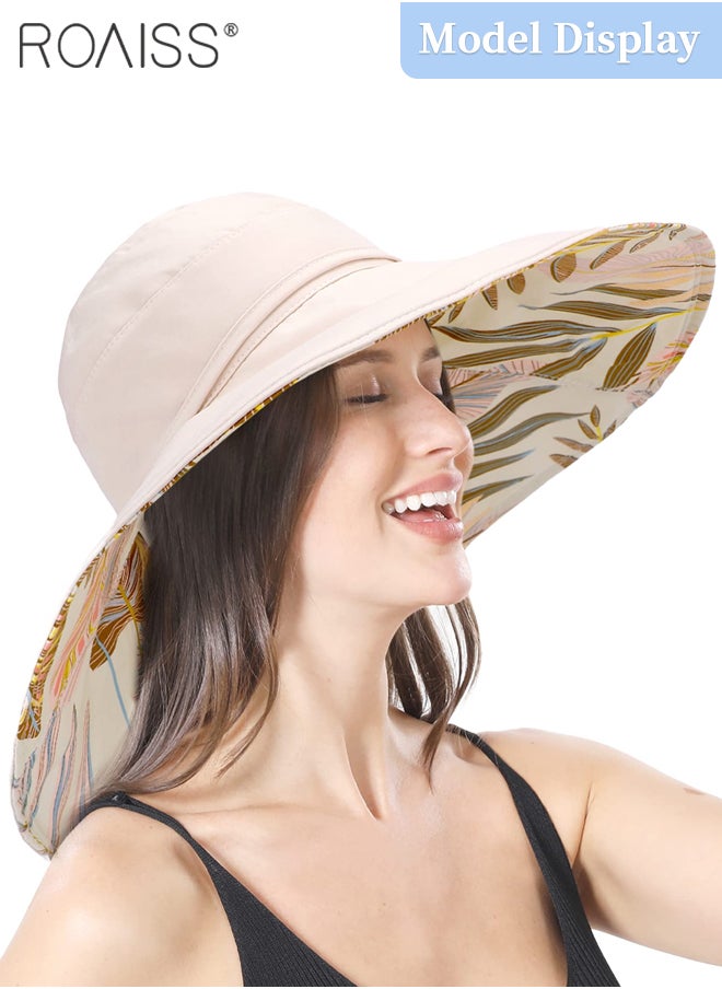 roaiss - Reversible Portable Wide Brim Bucket Hat with Ponytail Hole Breathable Drawstring Adjustable Sun Protection Soft Leaf Print Hat Women Camping Hiking Fishing Beach Hat - Image 1