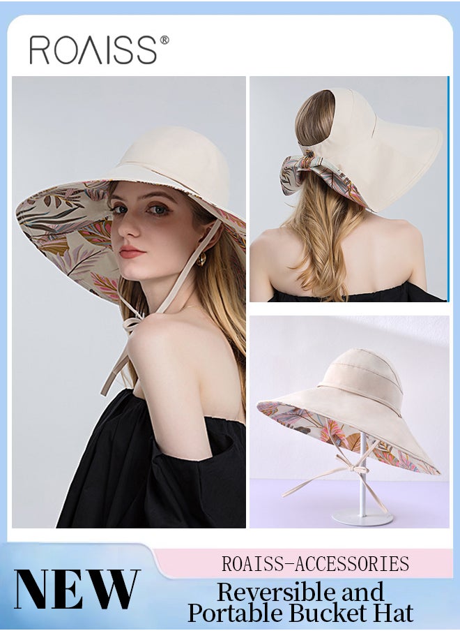 roaiss - Reversible Portable Wide Brim Bucket Hat with Ponytail Hole Breathable Drawstring Adjustable Sun Protection Soft Leaf Print Hat Women Camping Hiking Fishing Beach Hat - Image 1