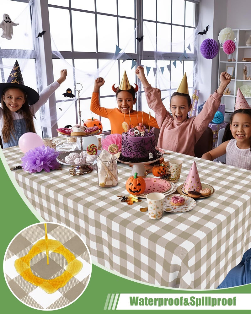 Smiry 8 Packs Gingham Disposable Table Cloth, 54 x 108 Inch Waterproof Plastic Tablecloth, Rectangle Khaki and White Checkered Table Covers for Outdoor, Birthday, Party - Image 2