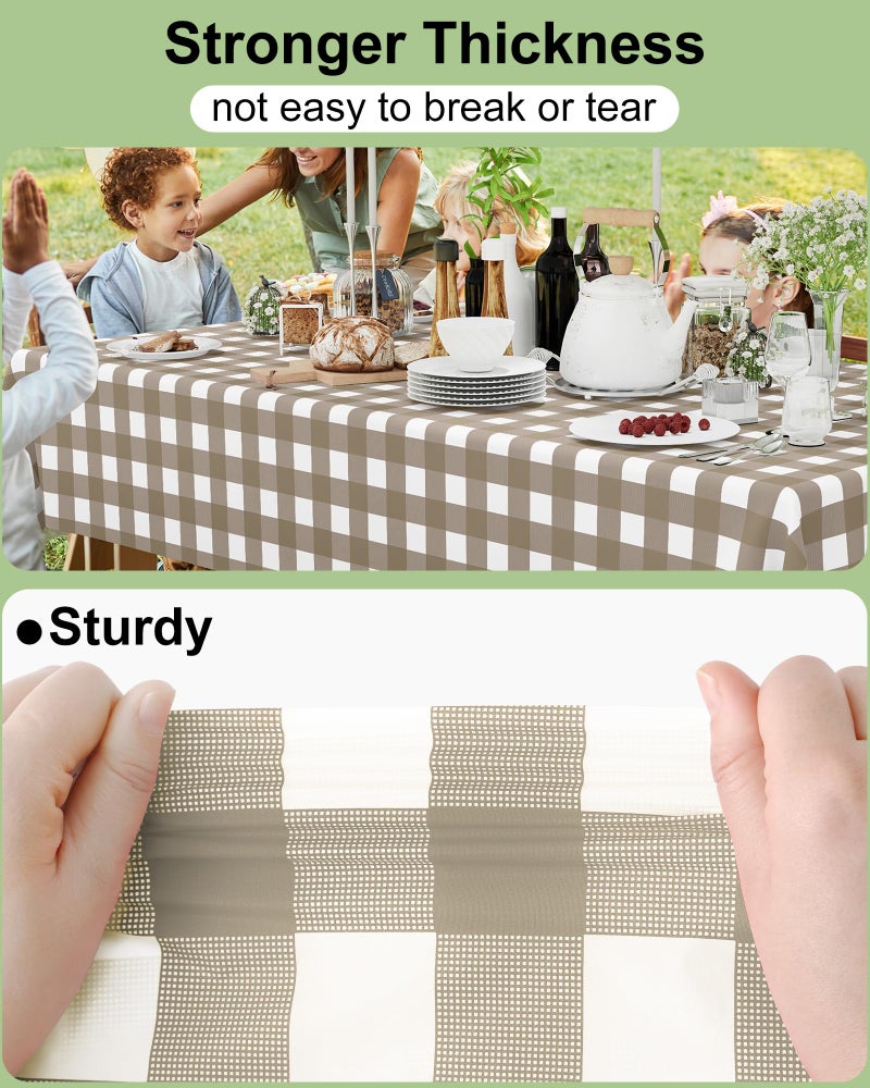 Smiry 8 Packs Gingham Disposable Table Cloth, 54 x 108 Inch Waterproof Plastic Tablecloth, Rectangle Khaki and White Checkered Table Covers for Outdoor, Birthday, Party - Image 3