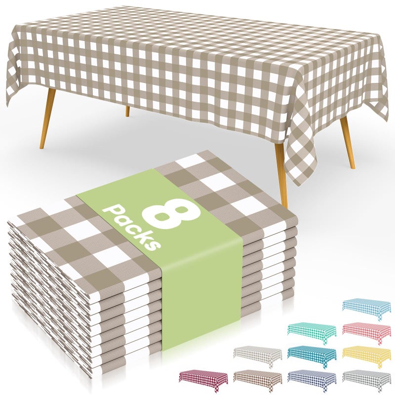 Smiry 8 Packs Gingham Disposable Table Cloth, 54 x 108 Inch Waterproof Plastic Tablecloth, Rectangle Khaki and White Checkered Table Covers for Outdoor, Birthday, Party - Image 1
