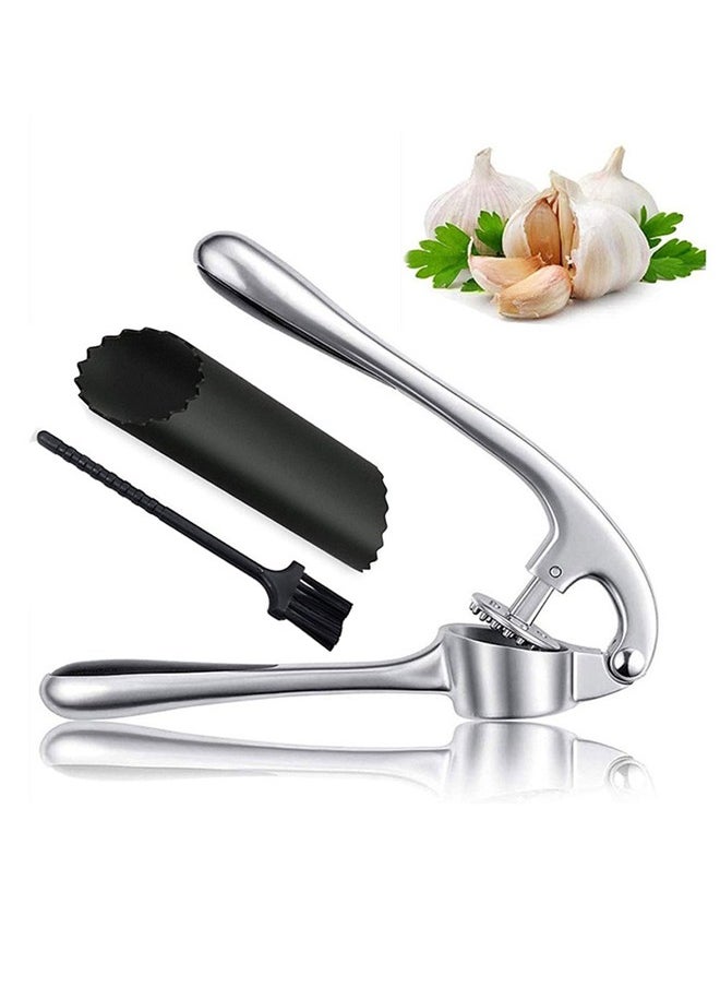GUSGU Garlic Press with Silicone Peeler and Brush, Premium Garlic Mincer Tool with Ergonomic handle, Ginger Crusher with Good Grip, Easy to Use and Clean , Dishwasher Safe  - Image 1