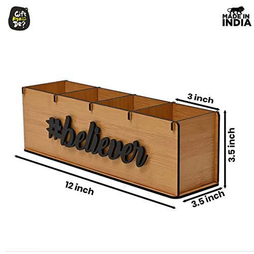 Gift Kya De GKD Desk Organizer & Pen Stand for Office Table | 4 Compartment Wooden Stationery Holder with 3D Tag | Eco Friendly Desk Décor | Gift For New Year, Corporate Gifts (Believer Bamboo) - Image 3
