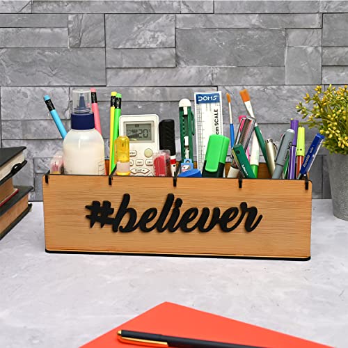 Gift Kya De GKD Desk Organizer & Pen Stand for Office Table | 4 Compartment Wooden Stationery Holder with 3D Tag | Eco Friendly Desk Décor | Gift For New Year, Corporate Gifts (Believer Bamboo) - Image 1