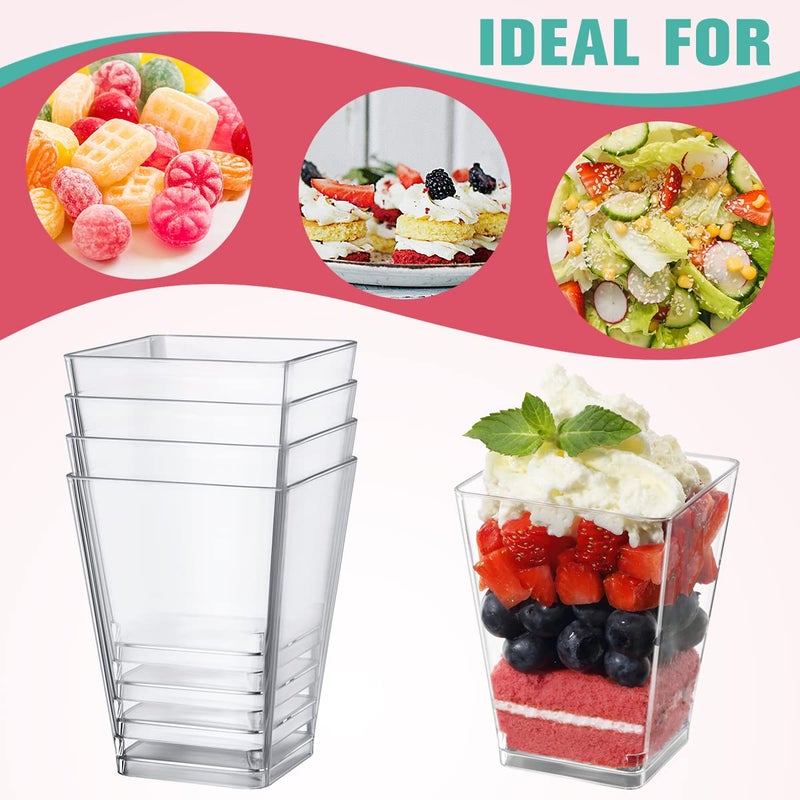 Poever 5 oz Plastic Dessert Cups with Spoons 50 Pack  Clear Square Mini Dessert Cups Appetizer Cups Parfait Cups Tumbler Cups for Mousse Puddings  Party Supplies - Image 3
