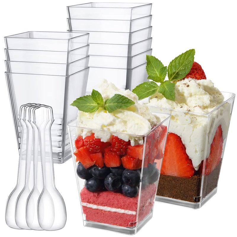 Poever 5 oz Plastic Dessert Cups with Spoons 50 Pack  Clear Square Mini Dessert Cups Appetizer Cups Parfait Cups Tumbler Cups for Mousse Puddings  Party Supplies - Image 1