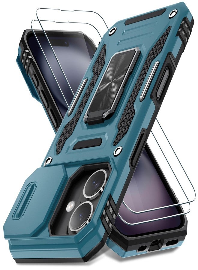 DEERLAMN جراب DEERLAMN لهاتف iPhone 16 مع غطاء كاميرا منزلق + واقي شاشة (عبوتان)، غطاء حماية مقاوم للصدمات بمسند حلقي دوار - أزرق فاتح - Image 1