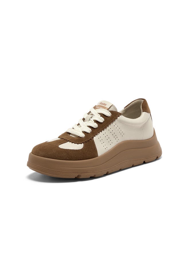 Bata Prince Qi Mall Couple Genuine Leather Derby Shoes Soft Casual Sports Shoes Antibacterial Shock Absorption Beige Brown Size 37 - Image 1