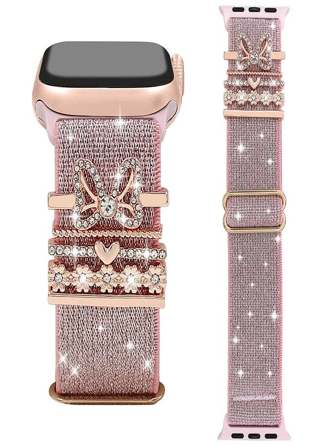 YONWORTH Stretchy Bling Band with Charms Compatible with Apple Watch 38 40 41 42mm (S10) Women,Nylon Wristband with Bowknot Decorative Ring Loop for iWatch Series 10 9 8 7 6 5 4 3-1 Ultra SE (Bow/Bling Pink, 38mm) - Image 1