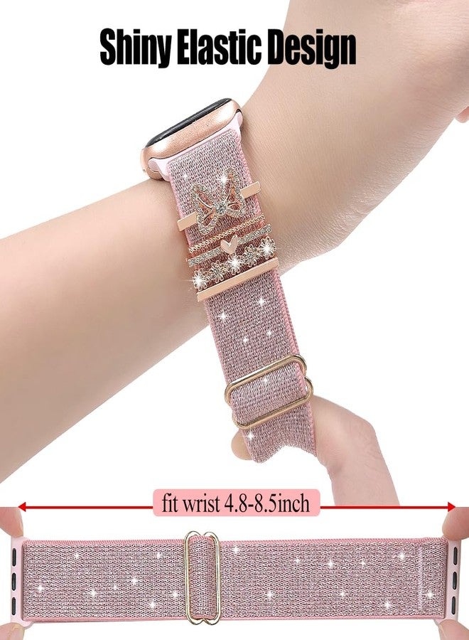 YONWORTH Stretchy Bling Band with Charms Compatible with Apple Watch 38 40 41 42mm (S10) Women,Nylon Wristband with Bowknot Decorative Ring Loop for iWatch Series 10 9 8 7 6 5 4 3-1 Ultra SE (Bow/Bling Pink, 38mm) - Image 2