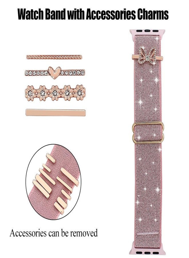 YONWORTH Stretchy Bling Band with Charms Compatible with Apple Watch 38 40 41 42mm (S10) Women,Nylon Wristband with Bowknot Decorative Ring Loop for iWatch Series 10 9 8 7 6 5 4 3-1 Ultra SE (Bow/Bling Pink, 38mm) - Image 4