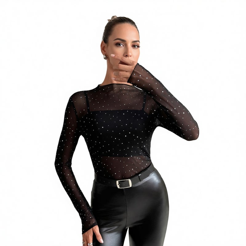 Women's Long Sleeve Mesh Sheer Rhinestone Tunic Top