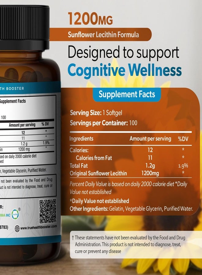 TRUEMED Organic Sunflower Lecithin 1200mg – Soy-Free Lecithin Supplement for Brain, Heart, Nerve & Liver Support, Cognitive Health, Non-GMO – 100 Softgels (Made in USA) - Image 2