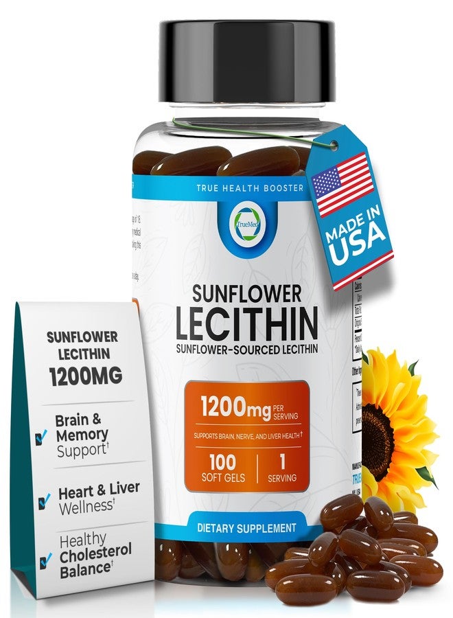 TRUEMED Organic Sunflower Lecithin 1200mg – Soy-Free Lecithin Supplement for Brain, Heart, Nerve & Liver Support, Cognitive Health, Non-GMO – 100 Softgels (Made in USA) - Image 1