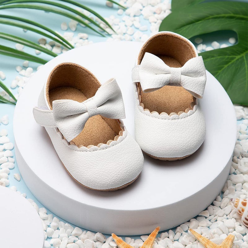 HsdsBebe Infant Baby Girls Mary Jane Flats Bow Non-Slip Soft Sole Princess Toddler First Walkers Sneaker Wedding Dress Shoes(HM1628 White,1) - Image 2