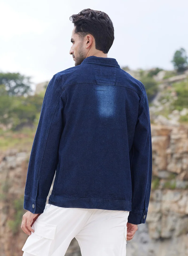 كامبوس سوترا Men's Navy Blue Dark-Wash Denim Jacket With Button-Closure
