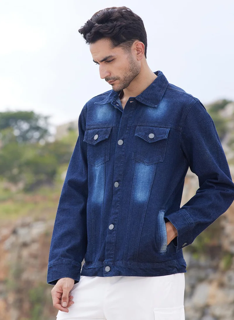 كامبوس سوترا Men's Navy Blue Dark-Wash Denim Jacket With Button-Closure