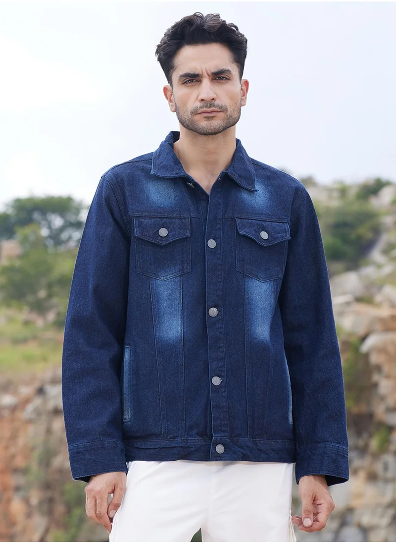 كامبوس سوترا Men's Navy Blue Dark-Wash Denim Jacket With Button-Closure