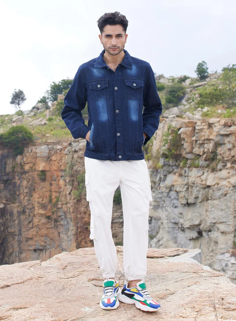 كامبوس سوترا Men's Navy Blue Dark-Wash Denim Jacket With Button-Closure