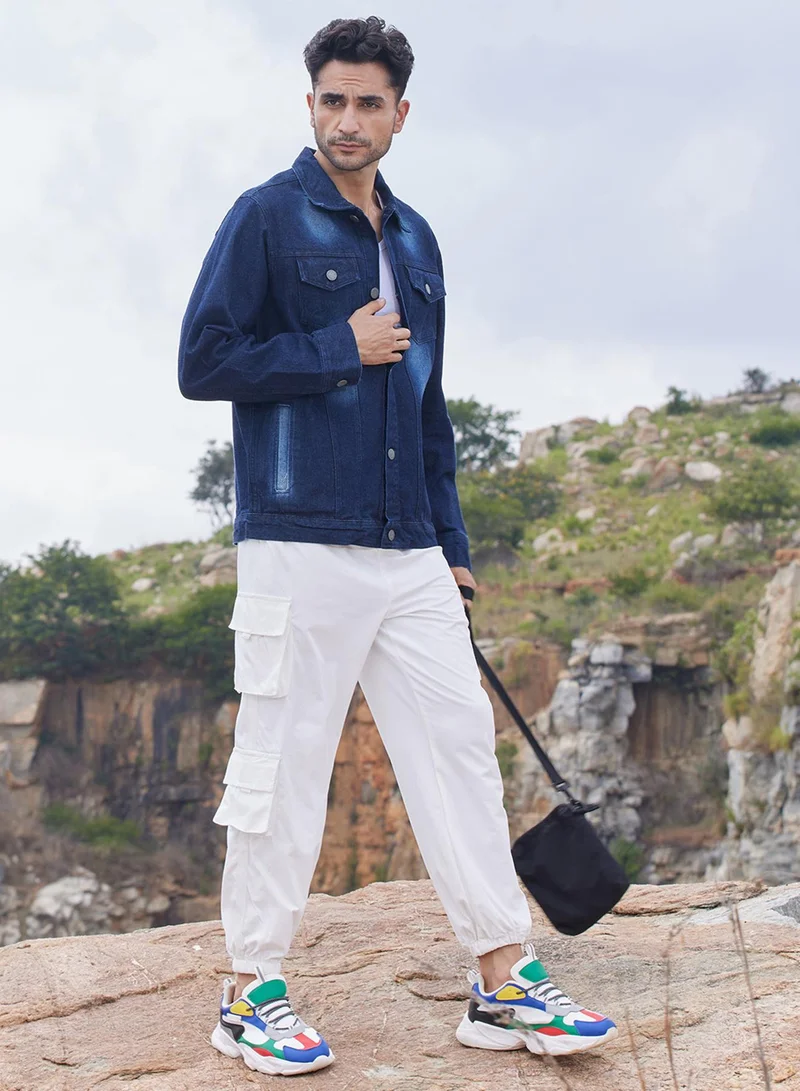 كامبوس سوترا Men's Navy Blue Dark-Wash Denim Jacket With Button-Closure