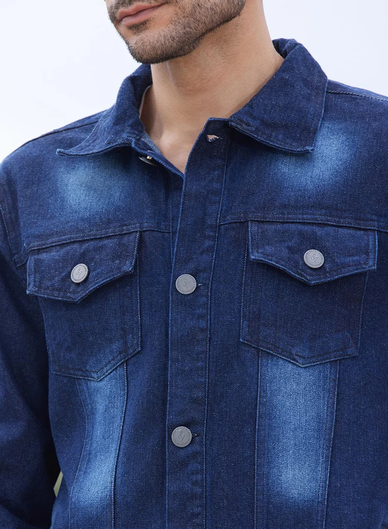 كامبوس سوترا Men's Navy Blue Dark-Wash Denim Jacket With Button-Closure