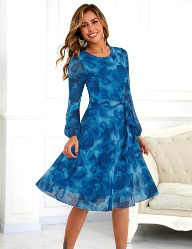 Zattcas Womens 2026 Spring Fall Mesh Floral Long Sleeve Midi Dress Crew Neck Puff Sleeve A Line Petite Winter Christmas Holiday Party Cocktail Wedding Guest Dress Blue M - Image 3
