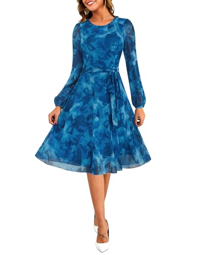 Zattcas Womens 2026 Spring Fall Mesh Floral Long Sleeve Midi Dress Crew Neck Puff Sleeve A Line Petite Winter Christmas Holiday Party Cocktail Wedding Guest Dress Blue M - Image 2
