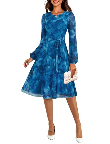 Zattcas Womens 2026 Spring Fall Mesh Floral Long Sleeve Midi Dress Crew Neck Puff Sleeve A Line Petite Winter Christmas Holiday Party Cocktail Wedding Guest Dress Blue M - Image 1