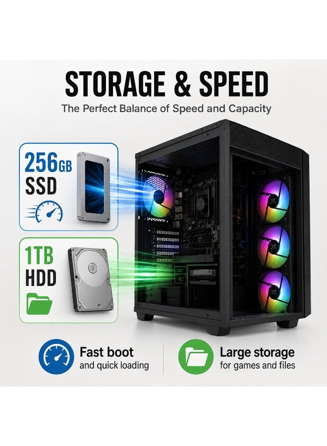 جهاز Gaming PC للألعاب والبث والتحرير بمعالج Core i5 الجيل السادس، رسومات GTX 1650 ‏4GB، ذاكرة 16GB DDR4، ‏256GB SSD + ‏1TB HDD، مزود طاقة 600W، مراوح ARGB مع لوحة مفاتيح وفأرة - Image 3