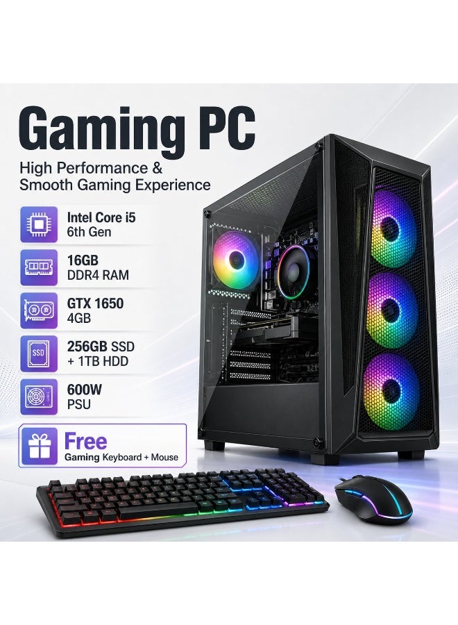 جهاز Gaming PC للألعاب والبث والتحرير بمعالج Core i5 الجيل السادس، رسومات GTX 1650 ‏4GB، ذاكرة 16GB DDR4، ‏256GB SSD + ‏1TB HDD، مزود طاقة 600W، مراوح ARGB مع لوحة مفاتيح وفأرة - Image 1