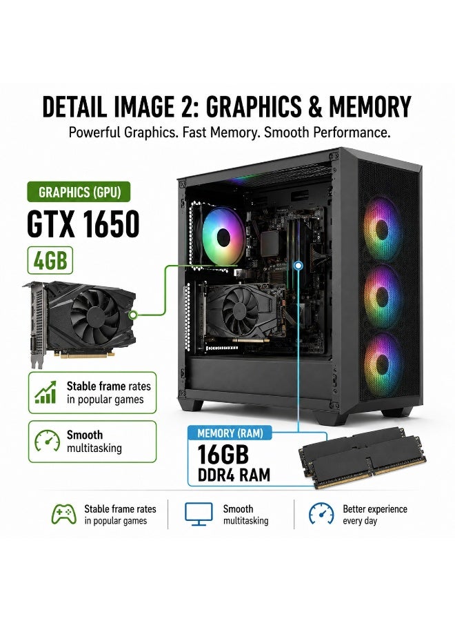 جهاز Gaming PC للألعاب والبث والتحرير بمعالج Core i5 الجيل السادس، رسومات GTX 1650 ‏4GB، ذاكرة 16GB DDR4، ‏256GB SSD + ‏1TB HDD، مزود طاقة 600W، مراوح ARGB مع لوحة مفاتيح وفأرة - Image 5