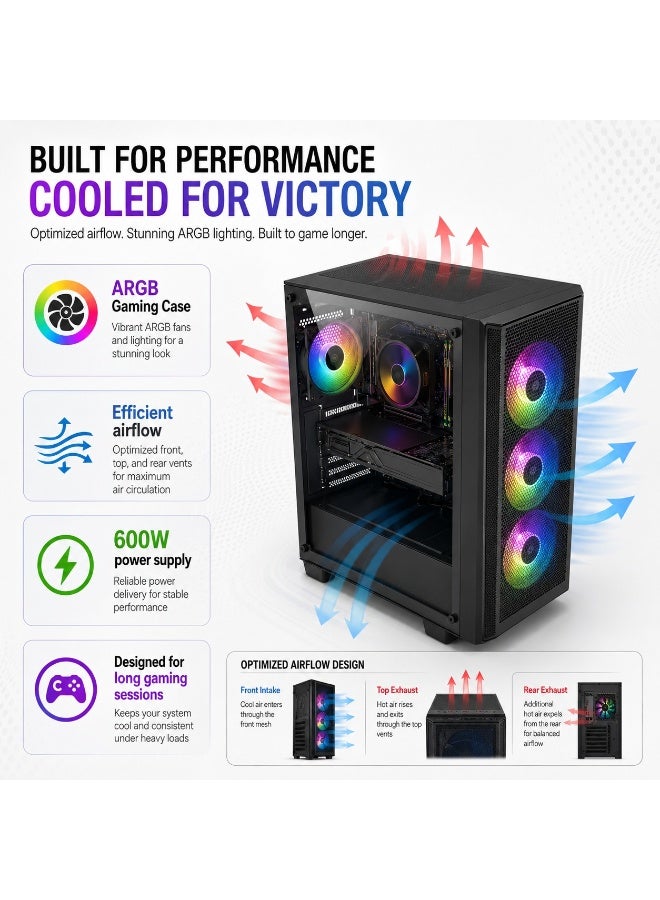 جهاز Gaming PC للألعاب والبث والتحرير بمعالج Core i5 الجيل السادس، رسومات GTX 1650 ‏4GB، ذاكرة 16GB DDR4، ‏256GB SSD + ‏1TB HDD، مزود طاقة 600W، مراوح ARGB مع لوحة مفاتيح وفأرة - Image 2