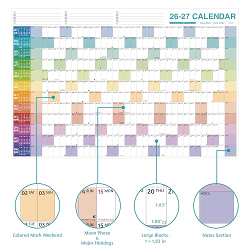 BowCuk Yearly Wall Calendar 2026-2027 - Large Yearly Calendar 2026-2027, Jul 2026 - Jun 2027, 38.2'' x 25.2'' (Open), 12 Months, Thick Yearly Wall Calendar with To-do Lists, Notes, Stickers, All At One Page - Image 3