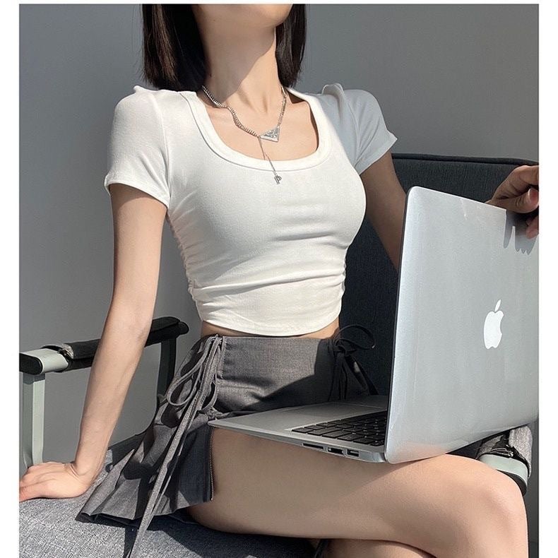 Factory Ready Stock U-Neck Right Shoulder Short-Sleeved T-Shirt Slimming Look Super Short Top Direct Sale - Image 2