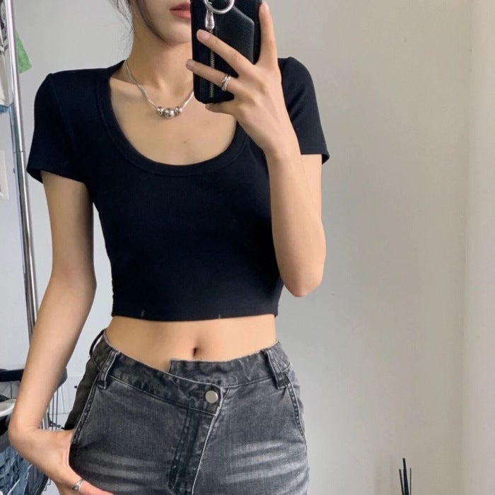 Factory Ready Stock U-Neck Right Shoulder Short-Sleeved T-Shirt Slimming Look Super Short Top Direct Sale - Image 1