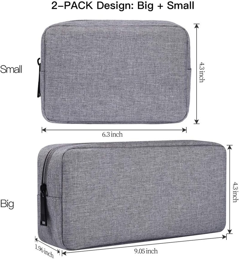 imComor Portable Electronics Accessories Storage Bag, 2PCS Big + Small Carrying Case Travel Cable Organizer Cosmetic Bag Pouch Compatible Hard Drive, Power Bank, Mouse, Laptop Charger, Cellphone, Gray - Image 2